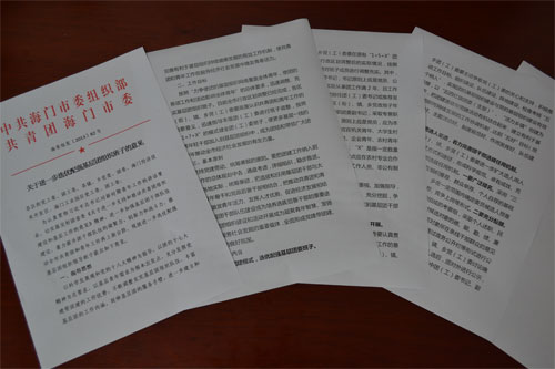 2013年底海門團市委聯合組織部下發的文件，裡面對基層團組織打造“1+7+X模式”作了明確要求
