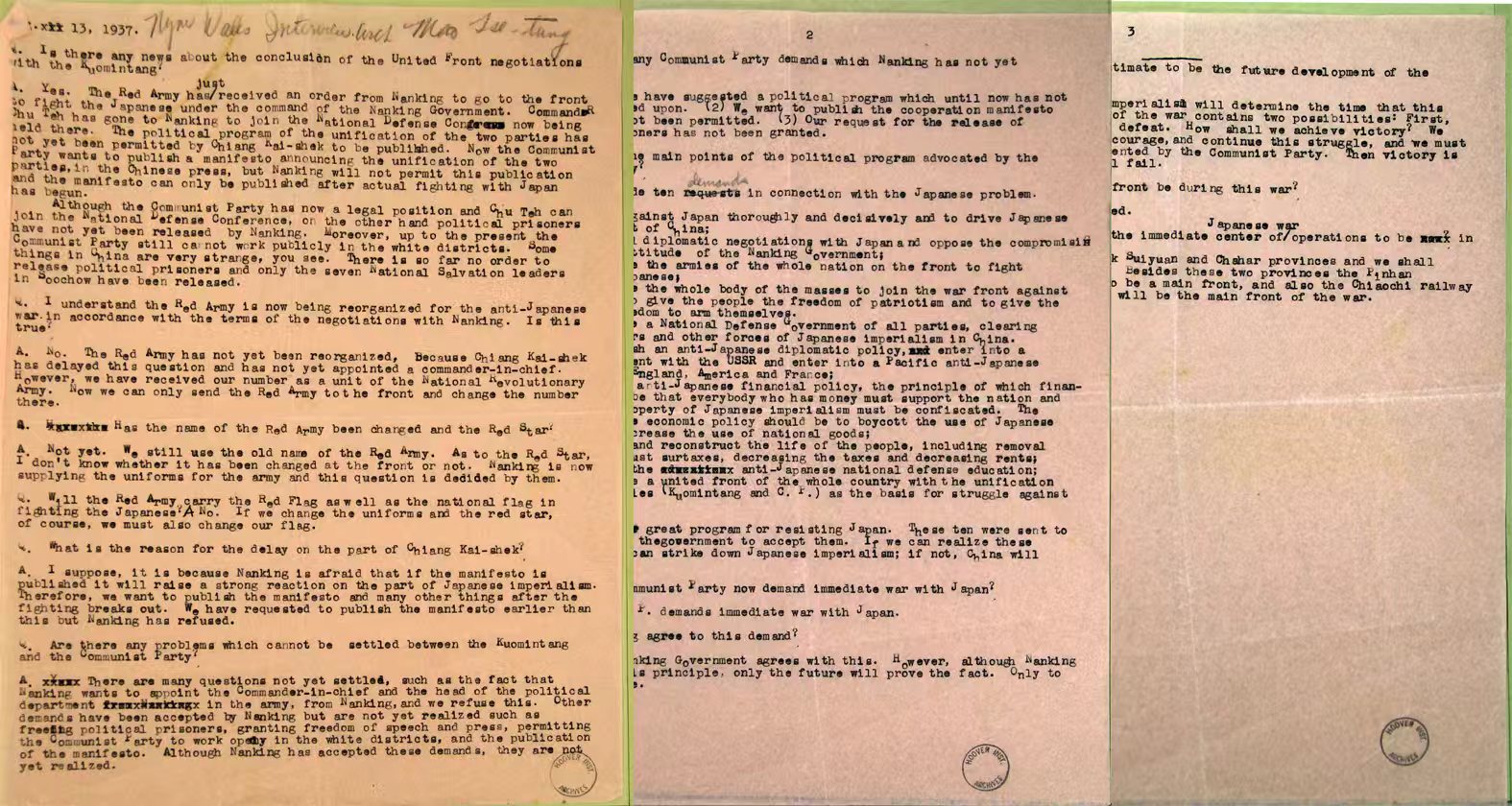 1937年8月13日海伦·福斯特采访毛泽东的记录稿（原件藏于美国斯坦福大学胡佛研究所档案馆）